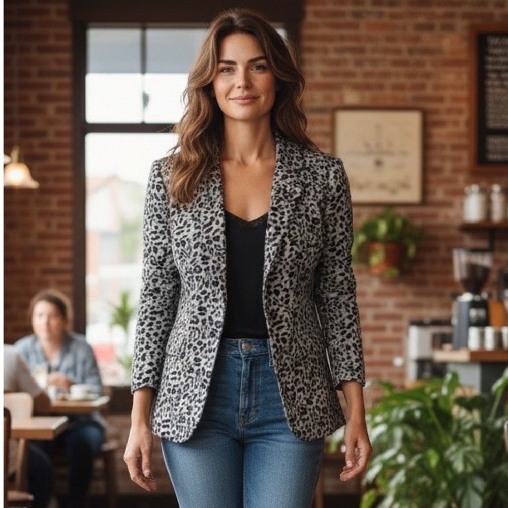 Danillo Blazer Woman 14W Charcoal Black NWT Leopard Print Flocked Jacket 500999S